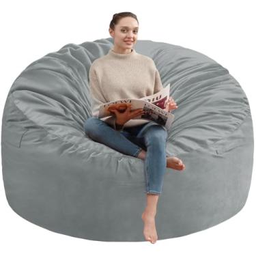 Imagem de SIMFLAG Cadeira de pufe de 1,5 m, poltronas confortáveis com enchimento de espuma de memória, sofá fofo com capa de veludo holandês, cadeiras redondas para sala de estar, sala de jogos - cinza claro