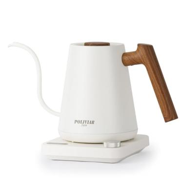 Imagem de Chaleira elétrica de pescoço de ganso POLIVIAR, cabo de madeira com padrão de chaleira elétrica de 1350 W, 1000 ml, chaleira elétrica para café e chá, interior de aço inoxidável 18/8, controle de