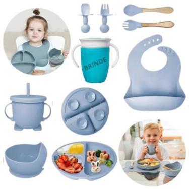 Imagem de Kit Alimentar Bebê Prato Babador Copo Silicone Ventosa 8 Pçs + Brinde 