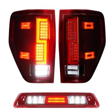 Imagem de Luzes traseiras de LED + 3º terço lâmpada de carga de freio para Ford F150 2009-2014 (modelo de cama Fleetside), conjunto de luz traseira de parada de montagem alta, lente vermelha com carcaça cromada