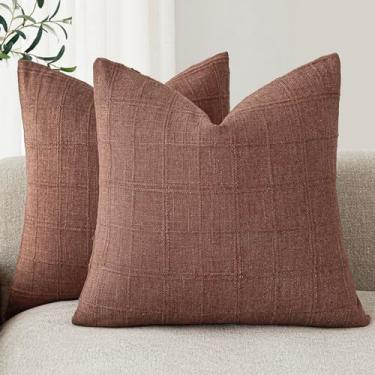 Imagem de Foindtower Conjunto de 2 capas de almofada decorativas de linho xadrez neutra fazenda vintage capas de almofada modernas boho decoração de casa para sofá cadeira sofá quarto sala de estar, 55 × 55 cm