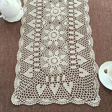 Imagem de Cachecóis Janef bege branco feito à mão de crochê de algodão para mesa de corredor, renda, doilies, retangular, 40,64 x 60,96 cm, Bege, 16 by 24 Inch, 1