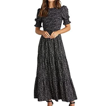 Imagem de BTFBM Vestidos femininos casuais de verão 2025 primavera gola redonda babados manga curta estampa floral vestido maxi boho rodado, Floral preto e branco, GG