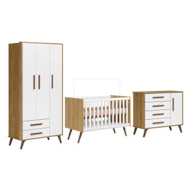 Imagem de Dormitório Infantil Q Encanto Retrô Guarda Roupa, Cômoda E Berço Freijó-branco Acetinado - Qmovi Freijó-branco Acetinado