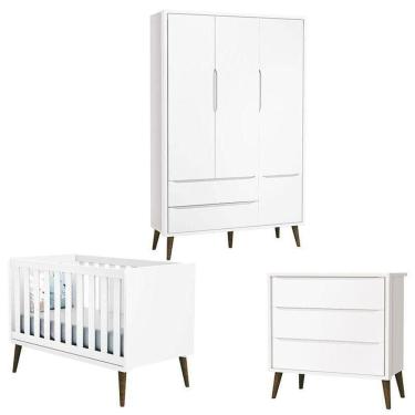 Imagem de Quarto De Bebê Theo 3 Portas Branco Acetinado Com Pés Amadeirado - Reller