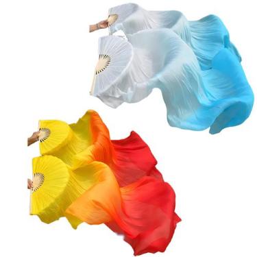 Imagem de Ventiladores de seda Suprwin Belly Dance Faux Silk Fans azuis e laranj