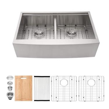 Imagem de Kichae Tigela dupla para pia de fazenda 33 - Avental de pia de cozinha de 83 cm frontal de aço inoxidável feito à mão tigela dupla dividida 50/50