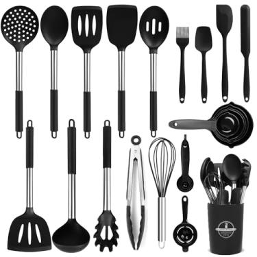 Imagem de KSENDALO Utensílios de cozinha de silicone – Conjunto de utensílios de cozinha resistente ao calor com alças e suporte de aço inoxidável – Utensílios sem BPA para panelas antiaderentes (preto)