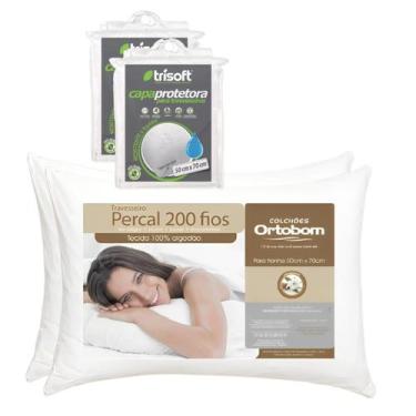 Imagem de Kit 2 Travesseiros 200 Fios Ortobom + 2 Capas Impermeáveis