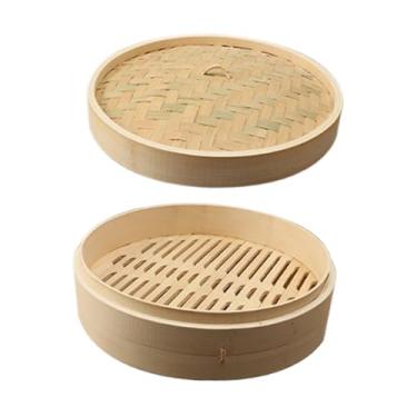 Imagem de predolo Cesta de vapor de bambu com tampa, utensílios de cozinha redondos, cozinha chinesa asiática, vaporizador de alimentos para arroz, carne, frango, 30cm