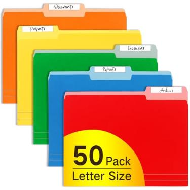 Imagem de Pastas de arquivo tamanho carta – aba de corte 1/3, pastas de arquivo coloridas duráveis para casa, escritório e organização escolar, pacote com 50