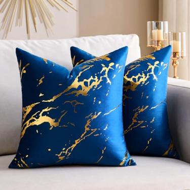 Imagem de DBoer Capas de almofada de veludo azul marinho 45,7 x 45,7 cm, conjunto de 2 fronhas decorativas de mármore dourado, moderno, luxuoso, estampado, macio, quadrado, para sofá, sala de estar, quarto