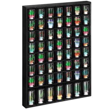 Imagem de Barydat Suporte de prateleira de vidro de shot de madeira, 56 compartimentos, armário rústico de bar montado na parede (preto, 1 peça)