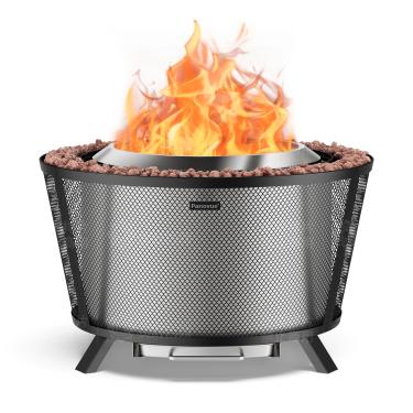 Imagem de Panovue Lareira sem fumaça de grande capacidade de 73,7 cm para uso externo, fogueira resistente a lenha com design de parede dupla, escudo de malha, bandeja de cinzas removível e capa, pátio elegante