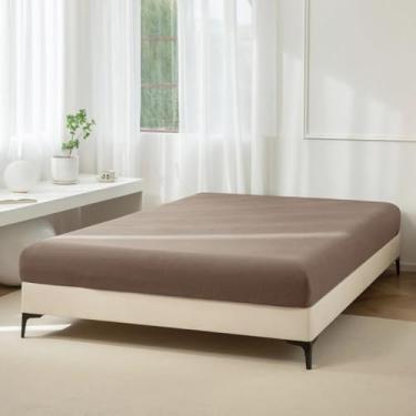 Imagem de JIYUAN 1 lençol com elástico 100% algodão lavado, lençol de baixo com bolso profundo para colchão de até 43 cm, confortável e respirável para todas as estações, tamanho casal, marrom claro