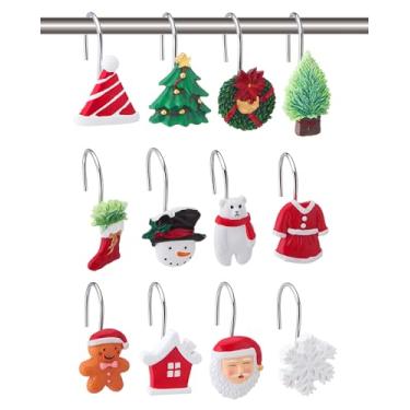 Imagem de Jetec 12 ganchos de cortina de chuveiro de Natal, anéis de cortina de chuveiro de resina e material de aço inoxidável para inverno e Natal na sala de estar, quarto e banheiro