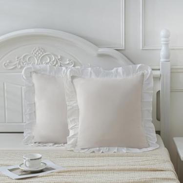 Imagem de Merryword Fronhas reversíveis bege e branco 45,7 x 45,7 cm, pacote com 2 fronhas decorativas de microfibra macia com babados para sofá, quarto