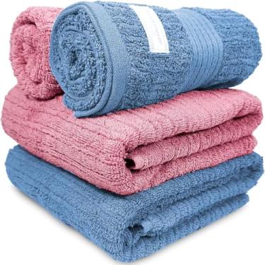 Imagem de Jogo De Banho Gigante Buddemeyer - Toalha Banhão Fio Penteado Canelado - 100% Algodão - Kit 4 Peças (Azul Rosa 1136/1371)