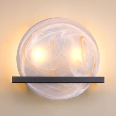 Imagem de Dolaimy House Arandela de parede de banheiro de vidro vermelho redondo de 25,4 cm com 2 luzes estilo conciso moderno, acabamento preto para quarto, corredor, cabeceira