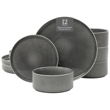 Imagem de Conjunto de Jantar Gibson Elite Solana Coast 12 Peças em Cerâmica Reativa para 4 Pessoas - Design Moderno com Acabamento em Preto Brilhante