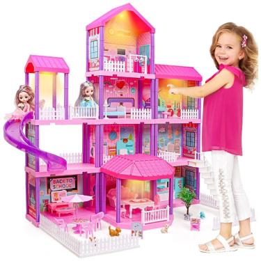 Imagem de Doll House Casa de Bonecas de Madeira com 2 Princesas 4 Andares 11 Quartos e Luzes para Crianças a partir de 4 anos, BEEFUNNI, Rosa