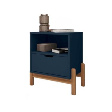 Imagem de Mesa De Cabeceira Criado Para Quarto Com Pés Em Madeira E Gaveta SoftClosed Alto Padrão 58 X 52 X 36cm(Azul Cobalto)