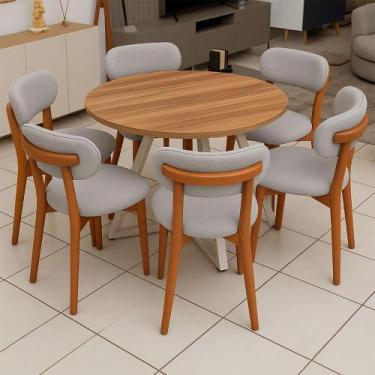 Imagem de Mesa de Jantar 1,10m Redonda Industrial com Pés em Aço e 6 Cadeiras em