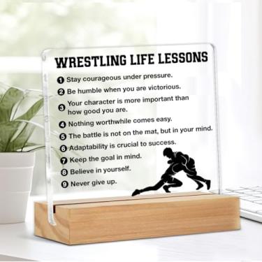 Imagem de Engraçado Wrestling Lições de Vida Decoração Presente de Luta Livre para Meninos Homens Presentes Inspiradores Stay Courageous Under Pressure Placa de Mesa de Acrílico Decoração 10 x 10 cm