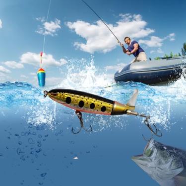 Imagem de Isca de pesca Topwater, iscas Popper para peixe-gato robalo, isca de robalo com cauda rotativa flutuante isca rígida artificial, várias cores