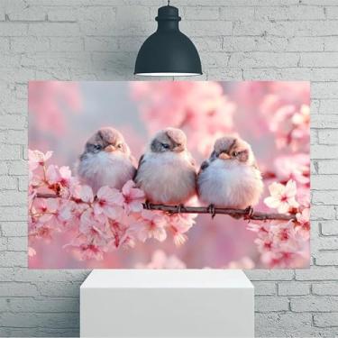 Imagem de Pássaros empoleirados em flores de cerejeira arte de parede em tela rústica vintage - Pôster sem moldura de 30 x 45 cm - Decoração de casa e escritório para sala de estar, quarto, cozinha e café