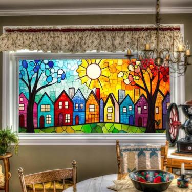 Imagem de HOMETITUTE Película para janela de vitral, casas coloridas e decoração de sol para janela de privacidade para casa, sala de estar, quarto, 100 x 44 cm