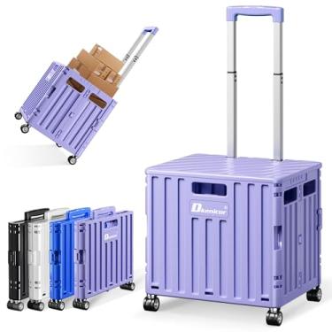 Imagem de Carrinho utilitário dobrável com tampa, carrinho de mão portátil, carrinho de compras dobrável, de plástico durável, com 4 rodas giratórias para compras, escritório, bagagem, escola - roxo