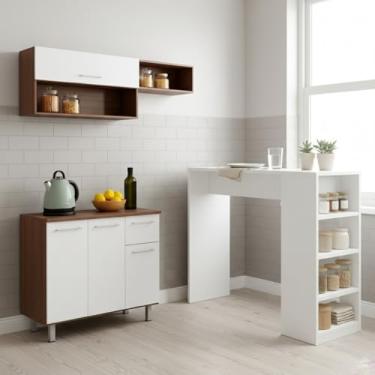 Imagem de Armário de Cozinha Compacta 150cm 4 Portas 1 Gaveta + Bancada Gourmet 3 Prateleiras Lâmina Mel/Branco - BRV Móveis