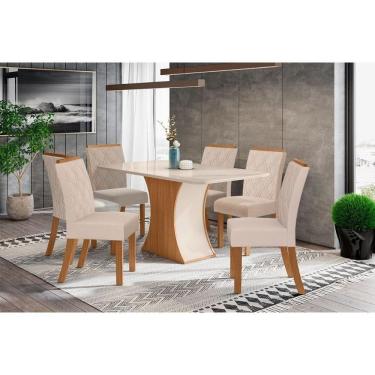 Imagem de Conjunto Mesa Sala Jantar Luiza Com Tampo De Vidro 160x90cm E 6 Cadeiras Vita Nature Off White Linho Bege Henn
