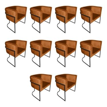 Imagem de Kit 10 Poltronas Decorativa Sala De Estar Base De Ferro Preta Veludo Terracota Laranja