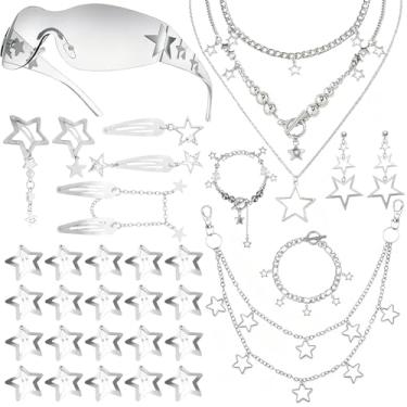 Imagem de Draupnir Conjunto de acessórios Y2k incluído colar em camadas grunge pulseira Y2K brincos de estrela prata grampo de cabelo Y2K estrela clipe de cabelo óculos de sol e calça hip hop corrente para