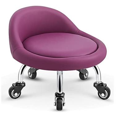 Imagem de Banqueta de rolamento, banqueta baixa com rodas, bancos pequenos e baixos, encosto de almofada de assento de couro, polia giratória banqueta baixa para sala de manicure, agachamento para trabalhos