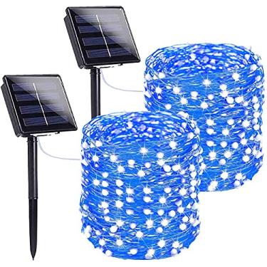 Imagem de 2 Pacote de Luzes Fio Solar 19 8 m 200 LEDs Fada com Energia Modos Cobre para Decoração Pátio Festa Árvore e Jardim