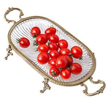 Imagem de Bandeja de servir, bandeja de lanche, bandeja de café da manhã, bandeja de vidro de latão, adequada para serviço de mesa de sobremesa, festa de aniversário, casamento, bandeja decorativa elegante