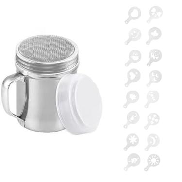 Imagem de Agitador de pó de aço inoxidável com peneira de malha, 16 moldes decorativos, tampa e alça para café, cappuccino, cacau, pó de açúcar