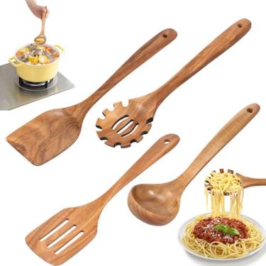 Imagem de DJAPWPX Conjunto de utensílios de madeira, elegante conjunto de 4 peças, incluindo espátula para fritar, espátula com fenda, concha de sopa, colher de macarrão, habilmente feito para excelência