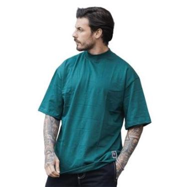 Imagem de Camiseta Oversized Gola Alta Lisa Basica Streetwear Confortavel Masculina Verde Escuro-Masculino