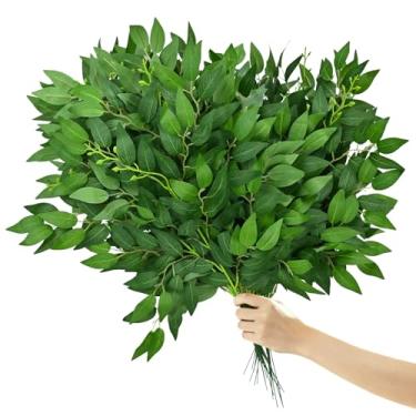 Imagem de Jcbiovo 26 peças de hastes de vegetação de ruscus italiano, folhas de vegetação de seda artificial, plantas suspensas falsas dobráveis em spray para mesa de buquê de casamento DIY, enchimento de vaso