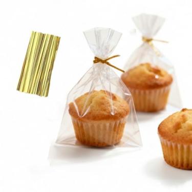 Imagem de JCXGRVC Pacote com 200 sacos de muffin de celofane de 15,2 x 17,78 x 6 cm com laços dourados torcidos fundo plano embalagem de confeitaria segura para alimentos para cupcakes, biscoitos, brownies