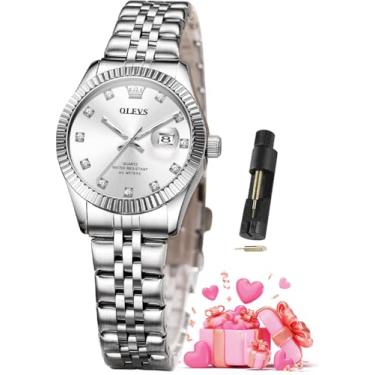 Imagem de OLEVS Relógios femininos luxuosos, elegantes, de aço inoxidável, à prova d'água, luminosos, diamantes, modernos, relógios femininos para pulsos pequenos, Prata 3705, relógio feminino