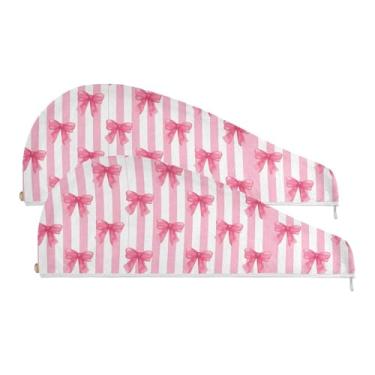 Imagem de SEHANY Linda toalha de cabelo de microfibra com laço rosa para mulheres, 2 peças, turbantes de cabelo de secagem rápida com botão, touca de cabelo seco absorvente toalha de secagem de cabelo para