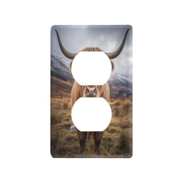 Imagem de Blueangle Placa de parede Highland Cow Duplex Outlets, tamanho padrão, placas de cobertura de tomada elétrica de 1 gangue para decoração de quarto de escritório em casa, 4,53 x 2,76 polegadas (563)