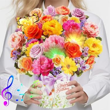 Imagem de XTF2015 Cartões de aniversário com música e luzes, cartão de feliz aniversário, peônia e borboleta, 33 cm tamanho natural para sempre, buquê de flores, cartões de música pop-up 3D para mãe, filha