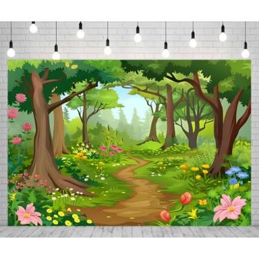 Imagem de Pano de fundo de tecido de desenho animado floresta, conto de fadas, flores e paisagens das maravilhas para chá de bebê, crianças, decoração de festa de aniversário, adereços de estúdio fotográfico
