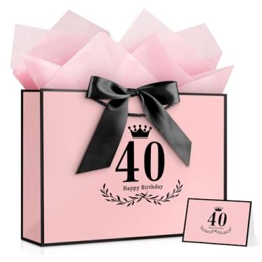 Imagem de JMANNI Bolsa de presente de aniversário de 40 anos, rosa com laço de cetim preto e design de coroa, grande bolsa de presente de feliz aniversário de 40 anos para lembrancinhas de festa, tamanho 36 x